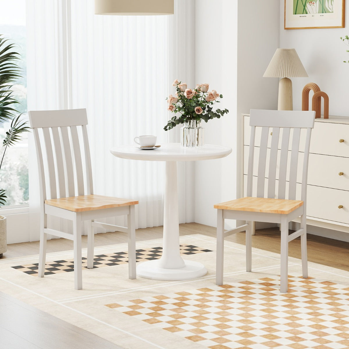 LIVSK Eetkamerstoelen Set van 2 - Ergonomisch Ontwerp - Duurzaam Rubberhout - Tot 150 kg - Wit/Bruin/Naturel