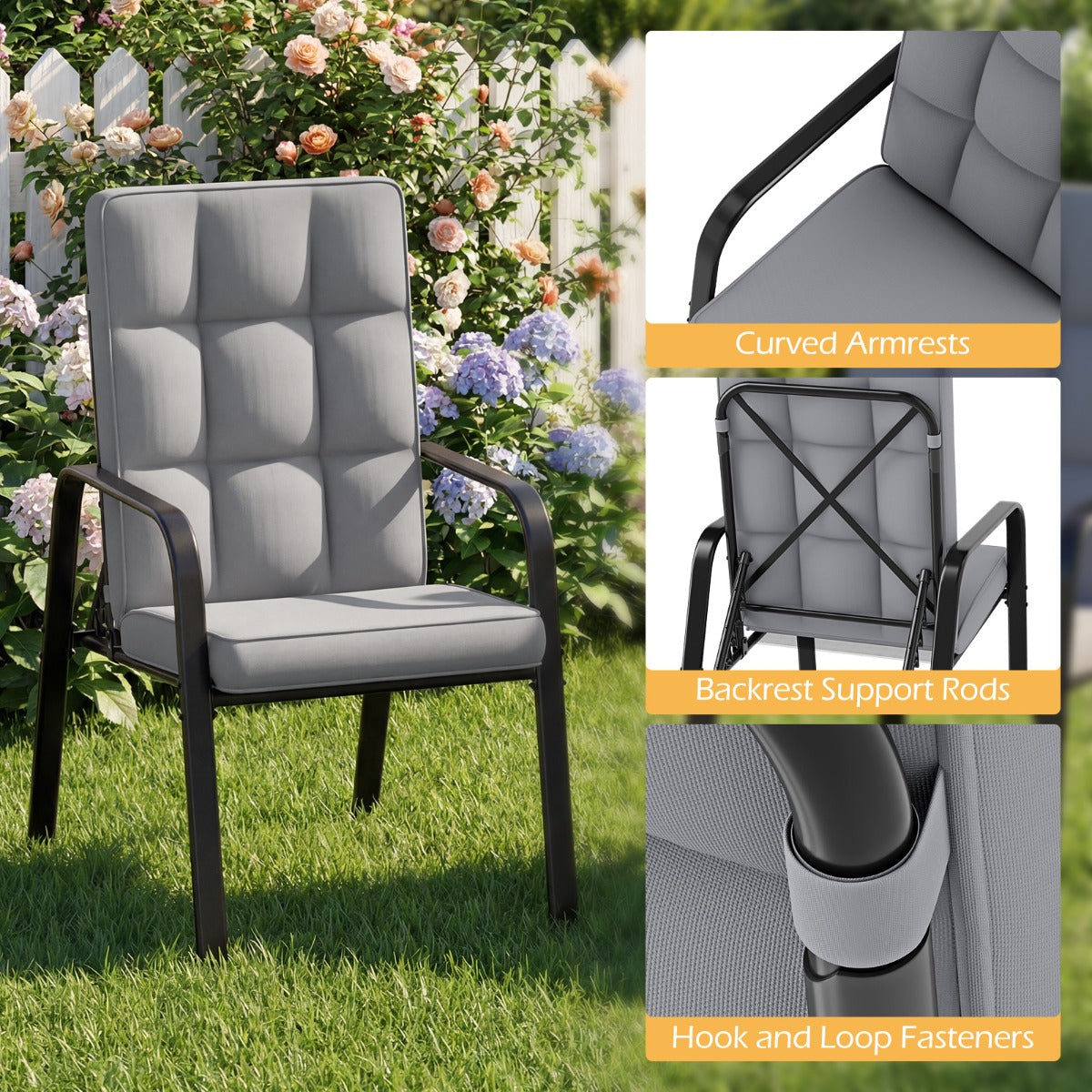 Livsk costway set van twee terrasstoelen met verstelbare rugleuningen voorzien van afneembare kussens en metalen armleuningen