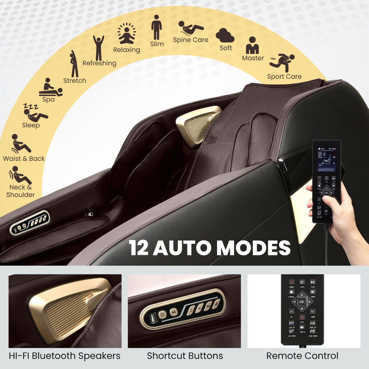 LIVSK Elektrische Massagestoel - 12 Programma's - Bluetooth - Ergonomisch Design - Volledige Lichaamsmassage - Bruin