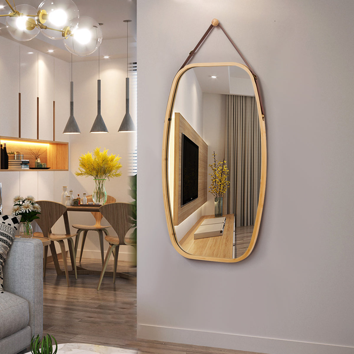 LIVSK Wandspiegel met Bamboeframe - Verstelbare Leren Riem - Heldere Reflectie - 77 x 44 x 1,5 cm - Natuurlijk bamboe