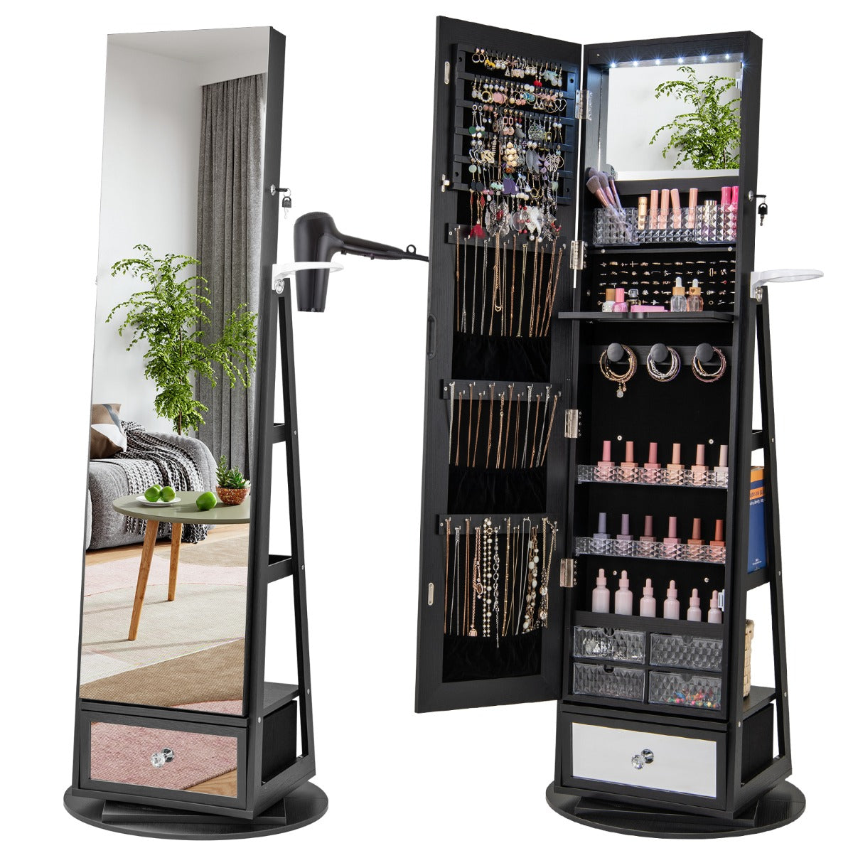 LIVSK Sieradenkast 360° Draaibaar - Afsluitbaar - LED-Verlichting - Make-up en Opbergrek - 56 x 164 cm - Zwart