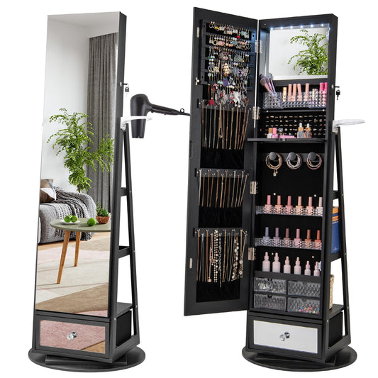 LIVSK Sieradenkast 360° Draaibaar - Afsluitbaar - LED-Verlichting - Make-up en Opbergrek - 56 x 164 cm - Zwart