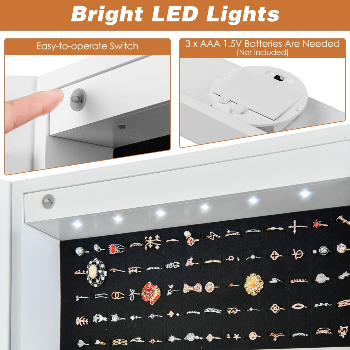LIVSK Sieradenorganizer met Spiegel - 4 Hoeken Verstelbaar - Ledverlichting - Grote Opbergruimte - Duurzaam MDF en Glas - Wit