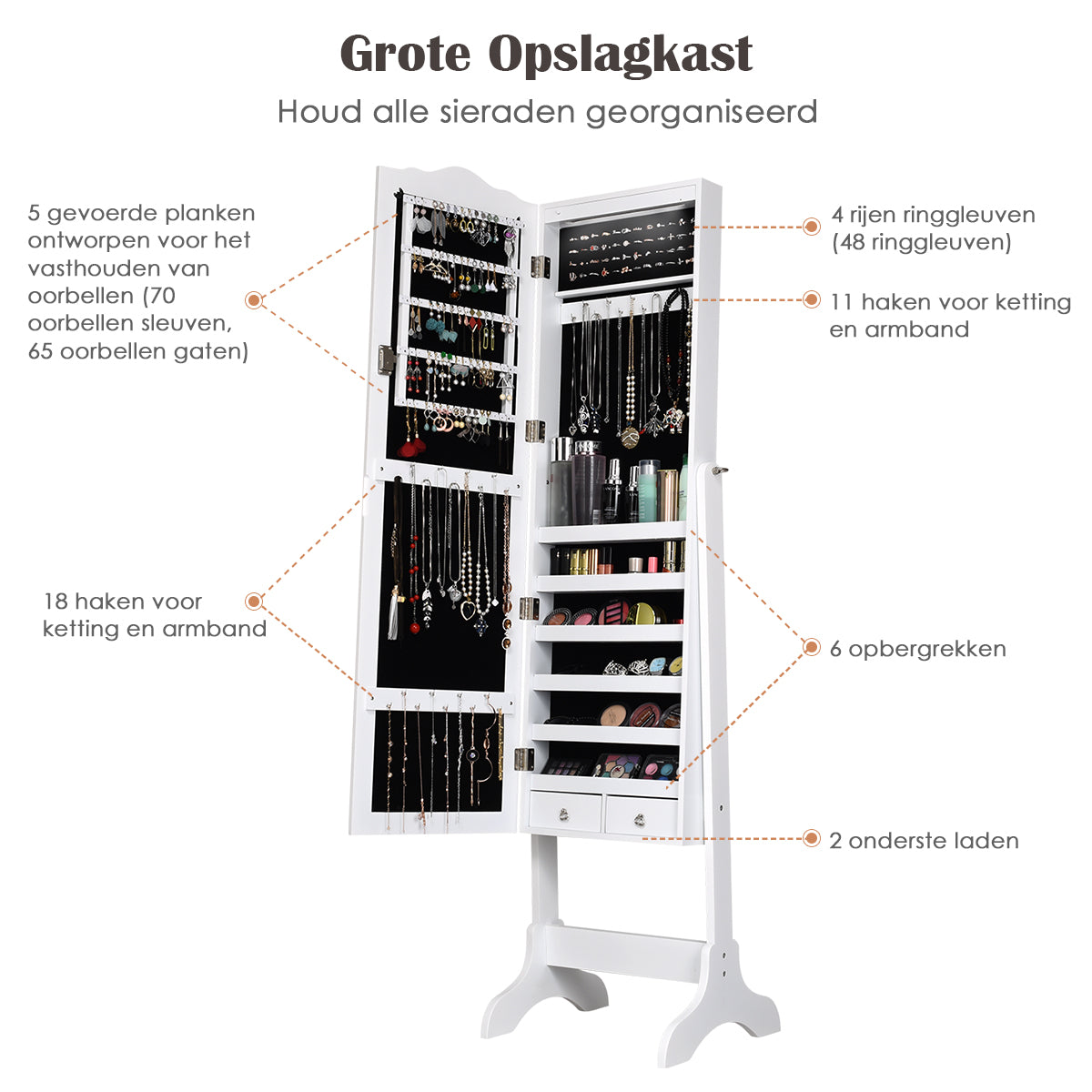 LIVSK Sieradenkast met Spiegel - Afsluitbaar - 14 LED-lampen - Grote Opbergruimte - 41,5 x 37 x 160 cm - Wit