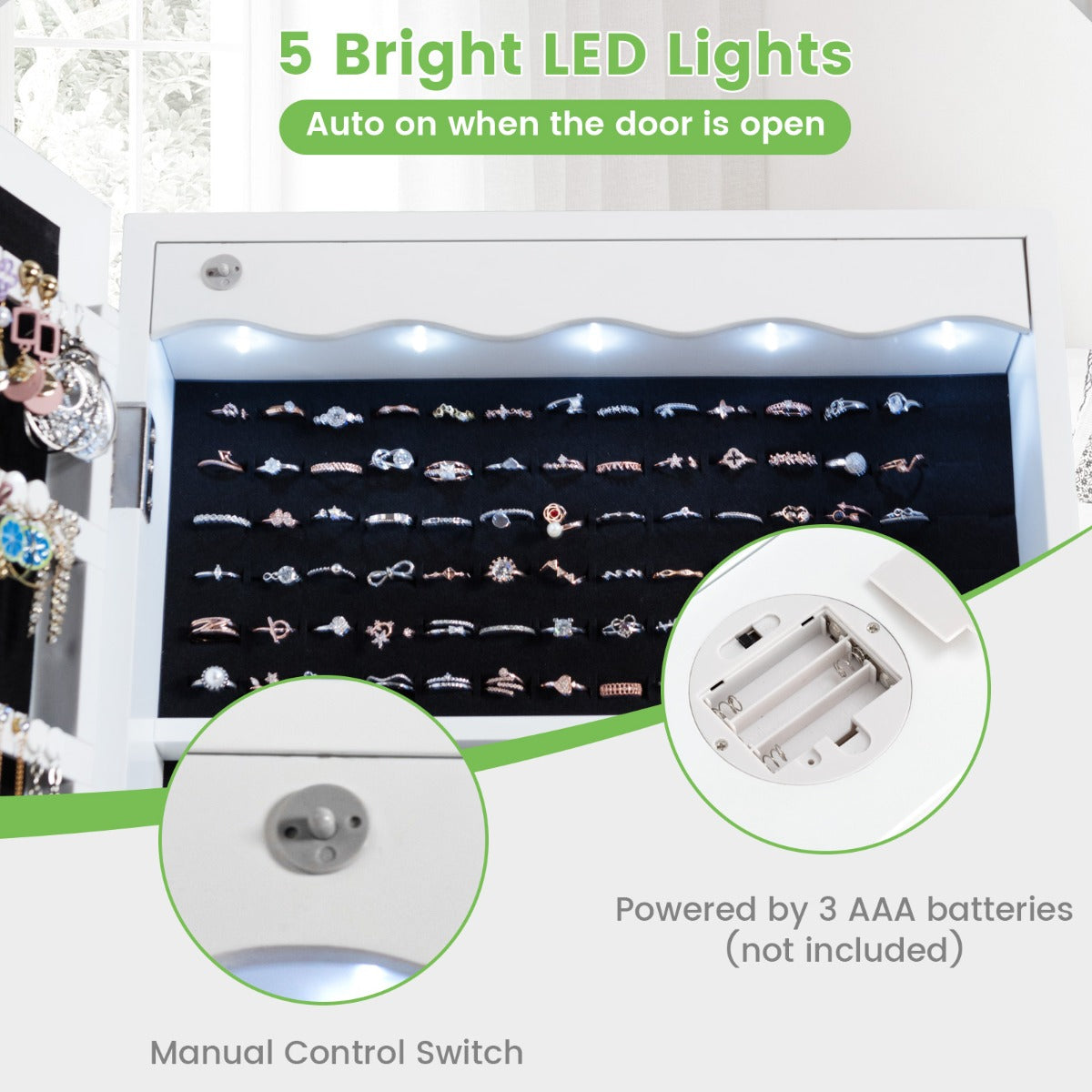 LIVSK Sieradenkast - Deurgemonteerd met Spiegel en LED-verlichting - Ruime Opbergruimte - Veilig met Slot - 36,5 x 11,5 x 120 cm