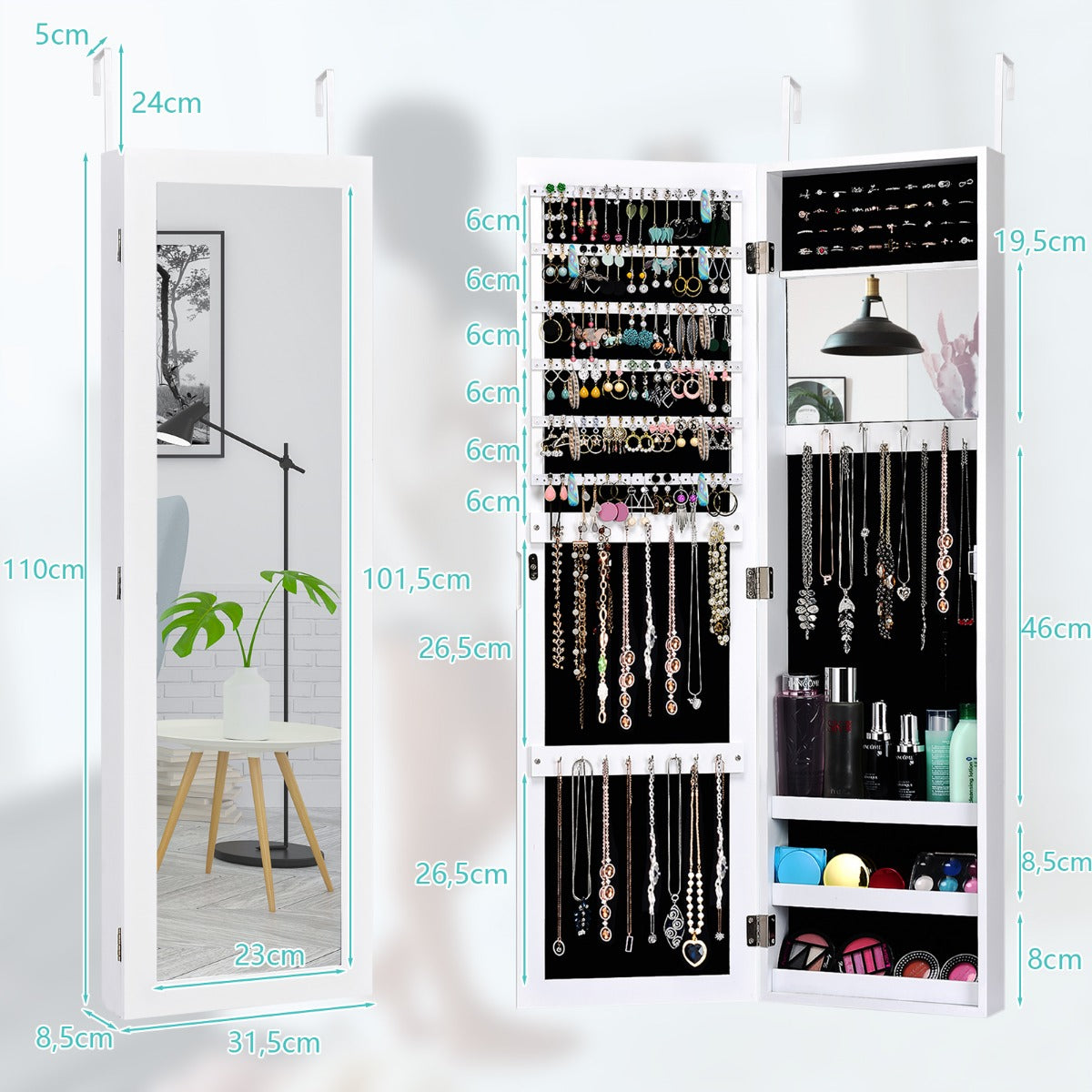 LIVSK Sieradenkast met Full-Body Spiegel - 6 Planken - 25 Haken - 40 Ringsleuven - Wand-/Deurmontage - Wit