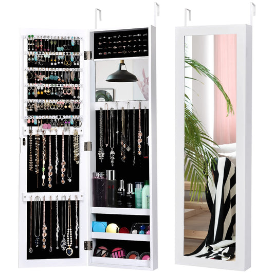 LIVSK Sieradenkast met Full-Body Spiegel - 6 Planken - 25 Haken - 40 Ringsleuven - Wand-/Deurmontage - Wit