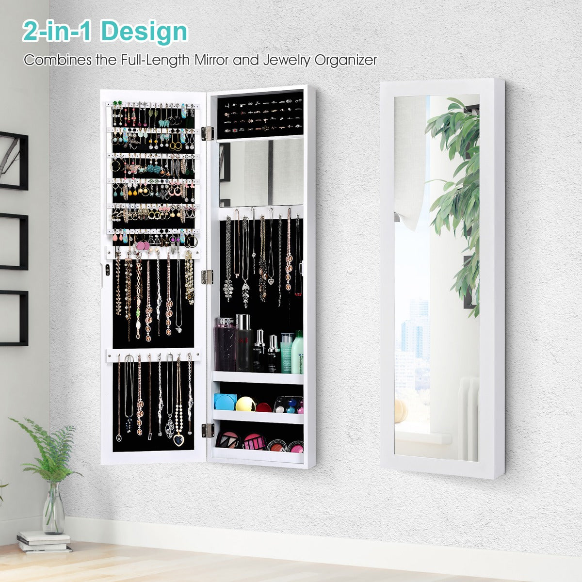 LIVSK Sieradenkast met Full-Body Spiegel - 6 Planken - 25 Haken - 40 Ringsleuven - Wand-/Deurmontage - Wit