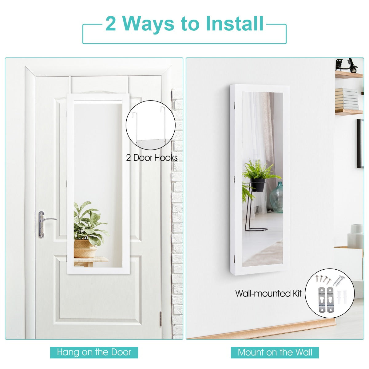LIVSK Sieradenkast met Full-Body Spiegel - 6 Planken - 25 Haken - 40 Ringsleuven - Wand-/Deurmontage - Wit