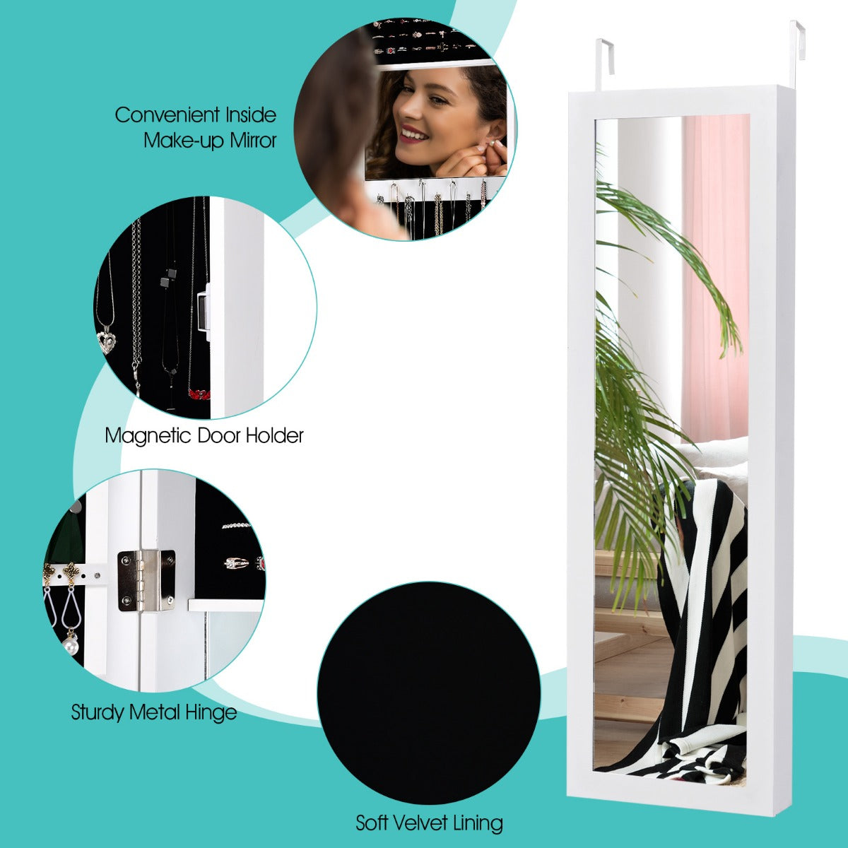 LIVSK Sieradenkast met Full-Body Spiegel - 6 Planken - 25 Haken - 40 Ringsleuven - Wand-/Deurmontage - Wit