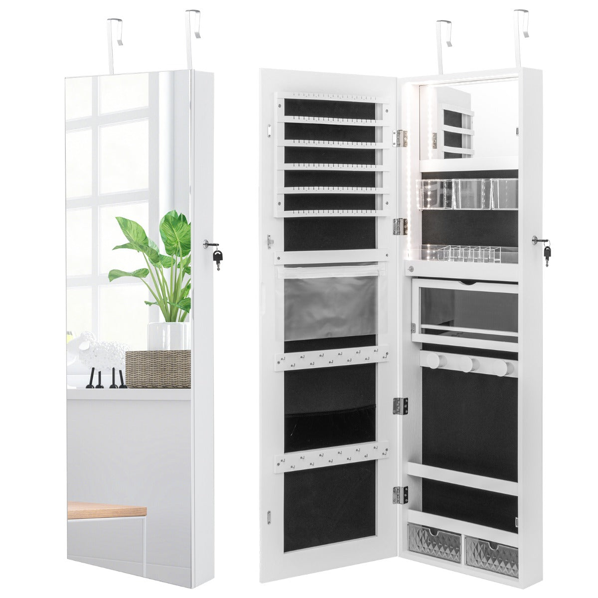 Livsk costway sieradenkast met full body spiegel ingebouwde make upspiegel 3 kleurige ledlampen sieradenspiegelkast voor ringen oorbellen wit