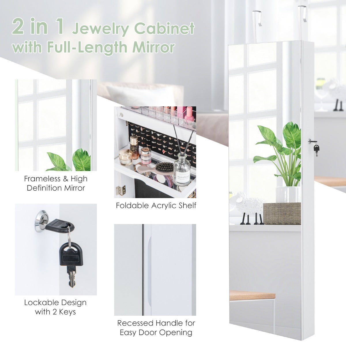 Livsk costway sieradenkast met full body spiegel ingebouwde make upspiegel 3 kleurige ledlampen sieradenspiegelkast voor ringen oorbellen wit 4