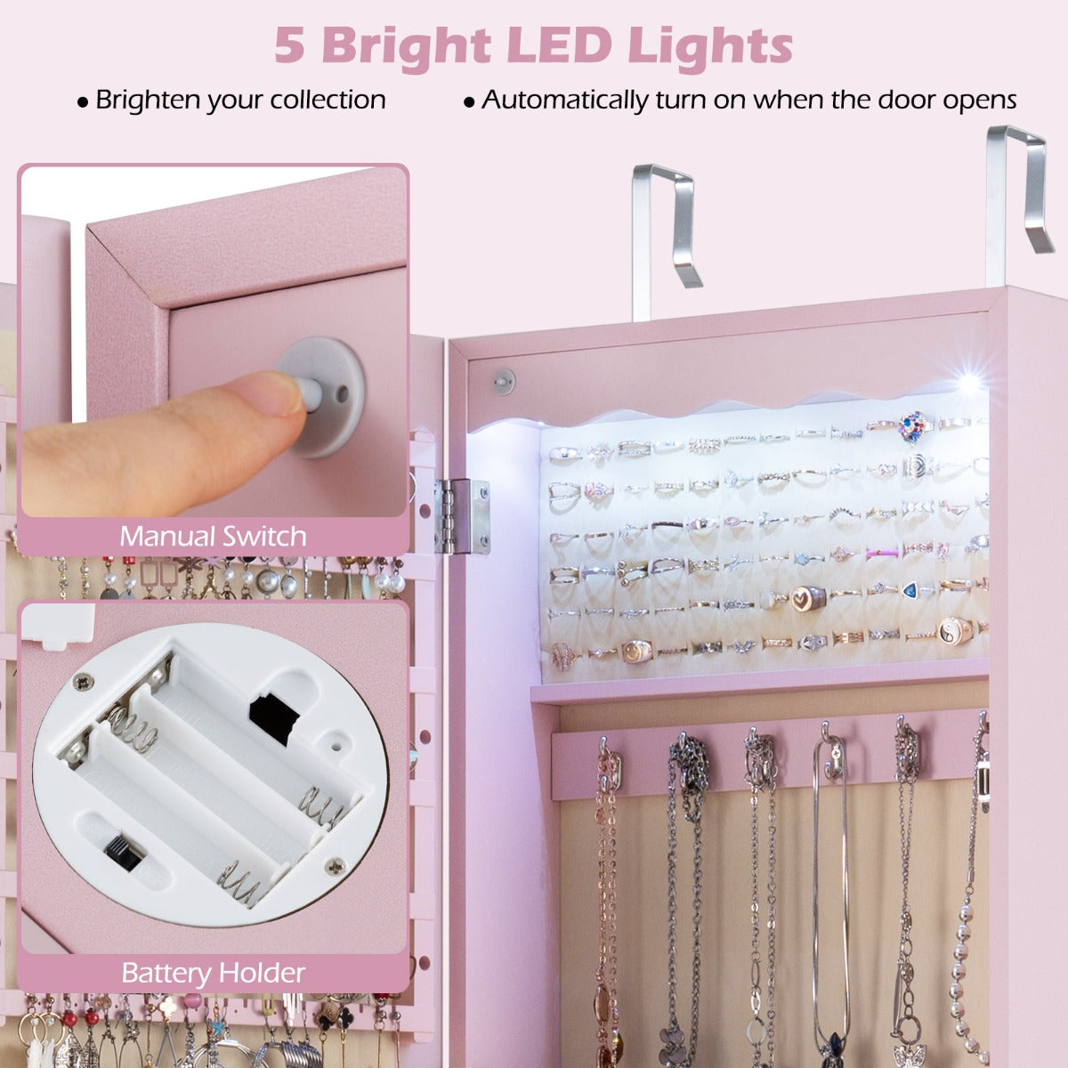 LIVSK Afsluitbare Sieradenkast met Spiegel - LED Verlichting - 6 Lades - Ruimtebesparend - Hoogwaardig MDF - Roze