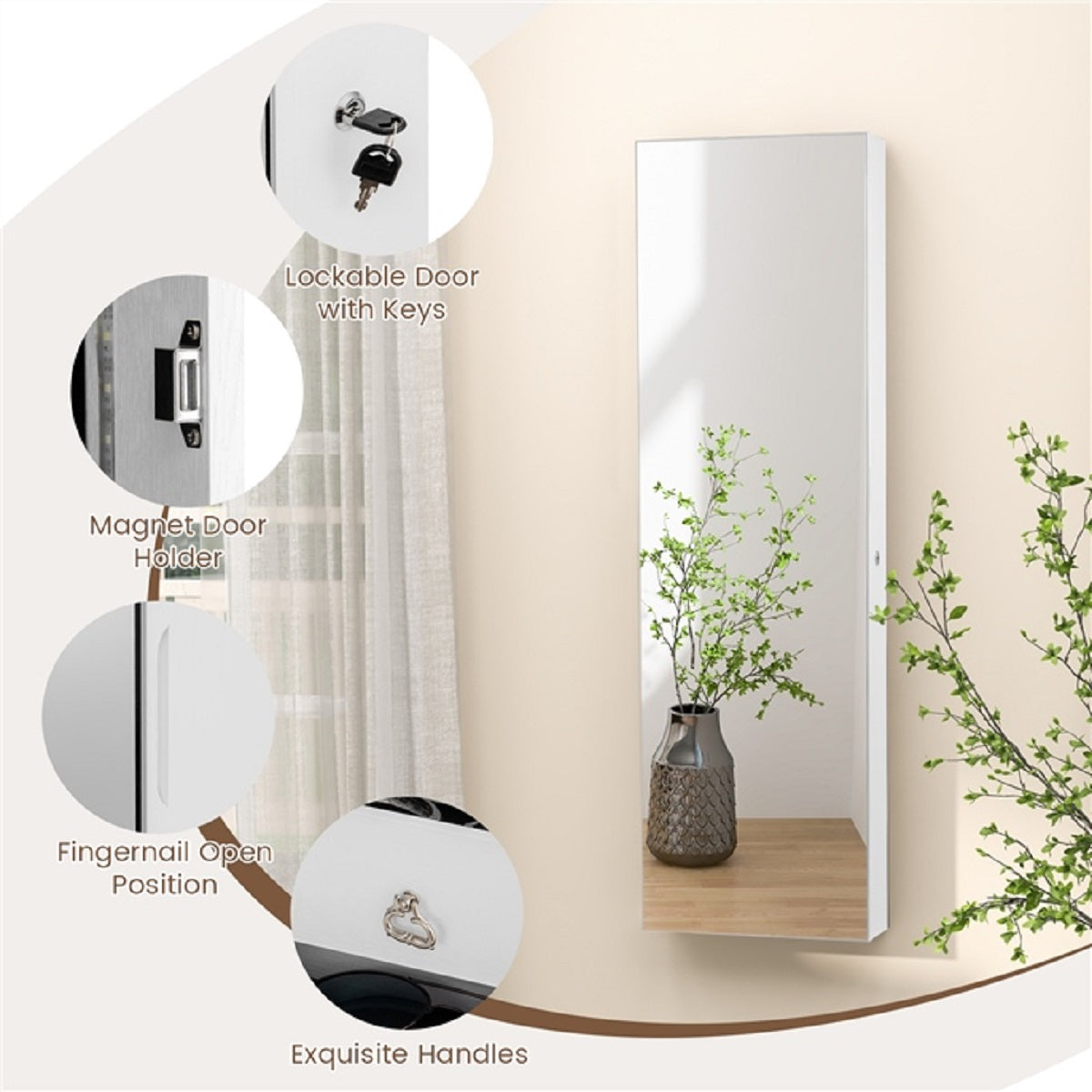 LIVSK Sieradenkast met LED-verlichting - Volledige Spiegel - 108 Oorbelplaatsen - 36 Haken - Wit