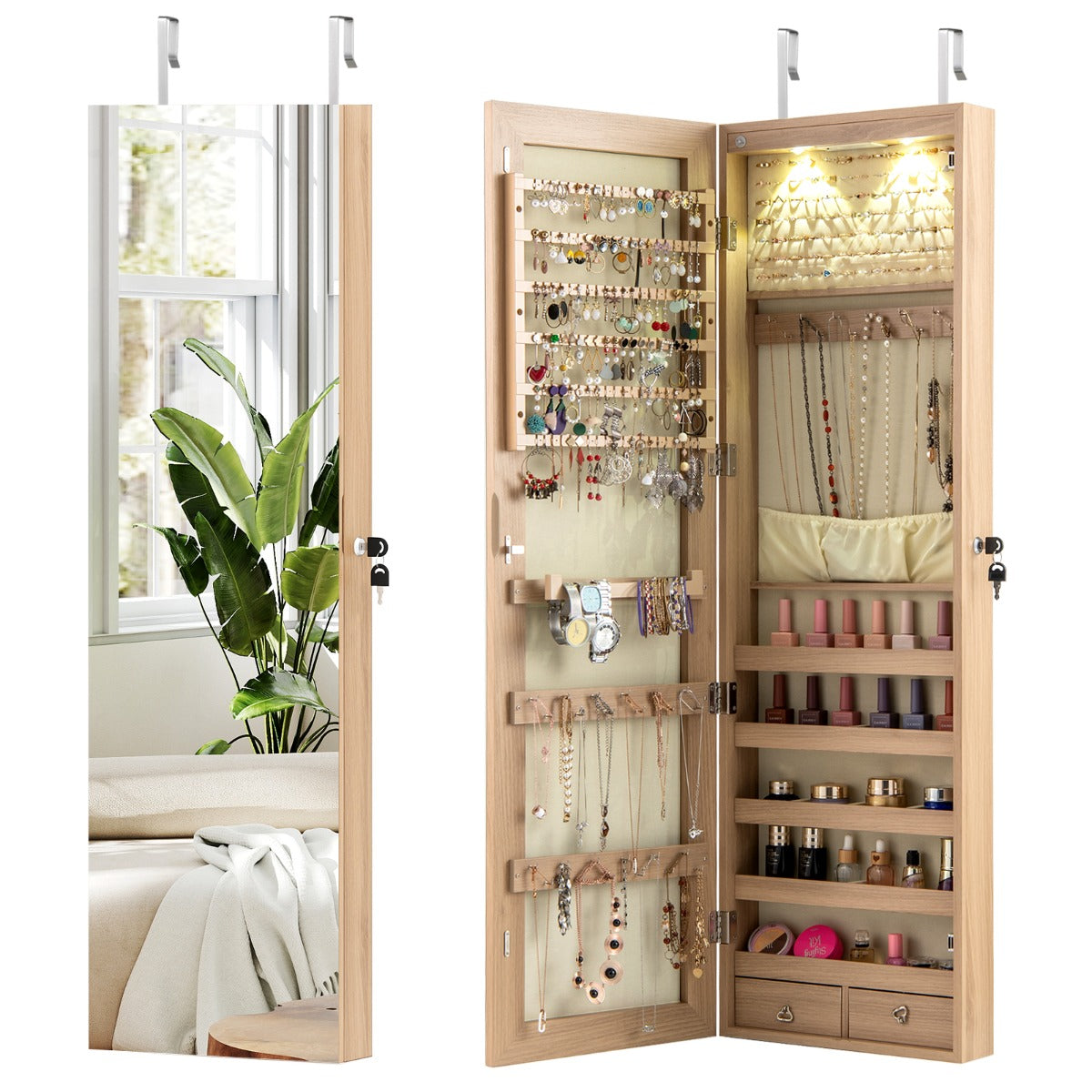 LIVSK Sieradenkast met Spiegel en LED Verlichting - Afsluitbaar - Diverse Haakrails - Zwart Fluwelen Interieur - Beige