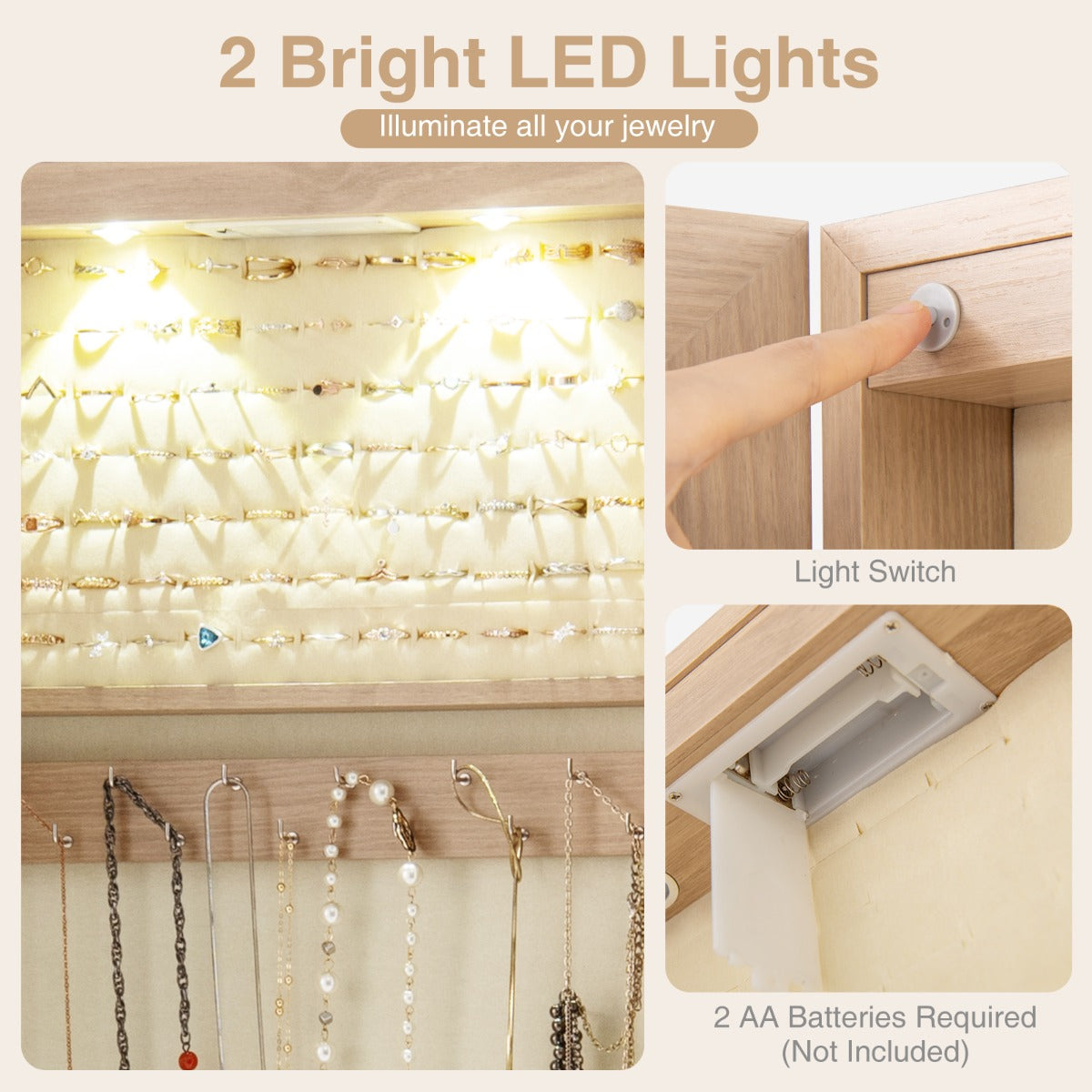 LIVSK Sieradenkast met Spiegel en LED Verlichting - Afsluitbaar - Diverse Haakrails - Zwart Fluwelen Interieur - Beige