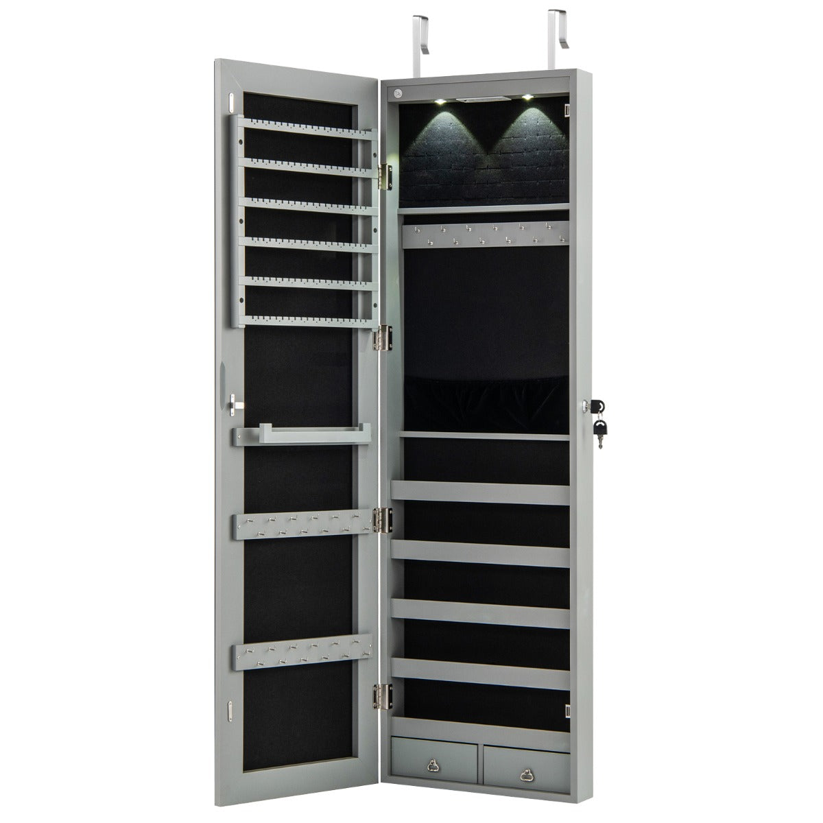 LIVSK Sieradenkast met LED-verlichting - Spiegelsysteem - Zwart fluweel - Eenvoudig te monteren - 120 x 35,5 x 10 cm - Grijs