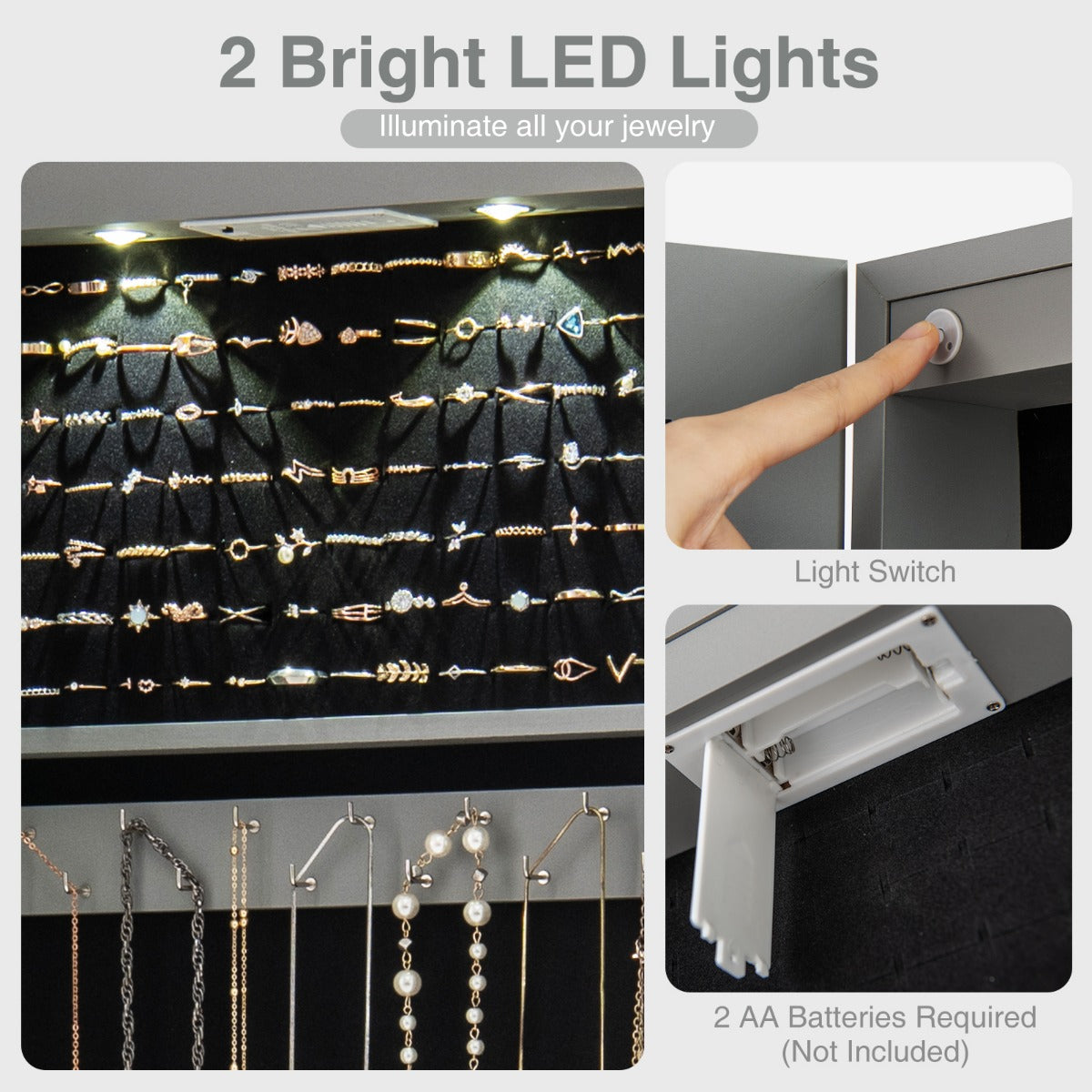 LIVSK Sieradenkast met LED-verlichting - Spiegelsysteem - Zwart fluweel - Eenvoudig te monteren - 120 x 35,5 x 10 cm - Grijs
