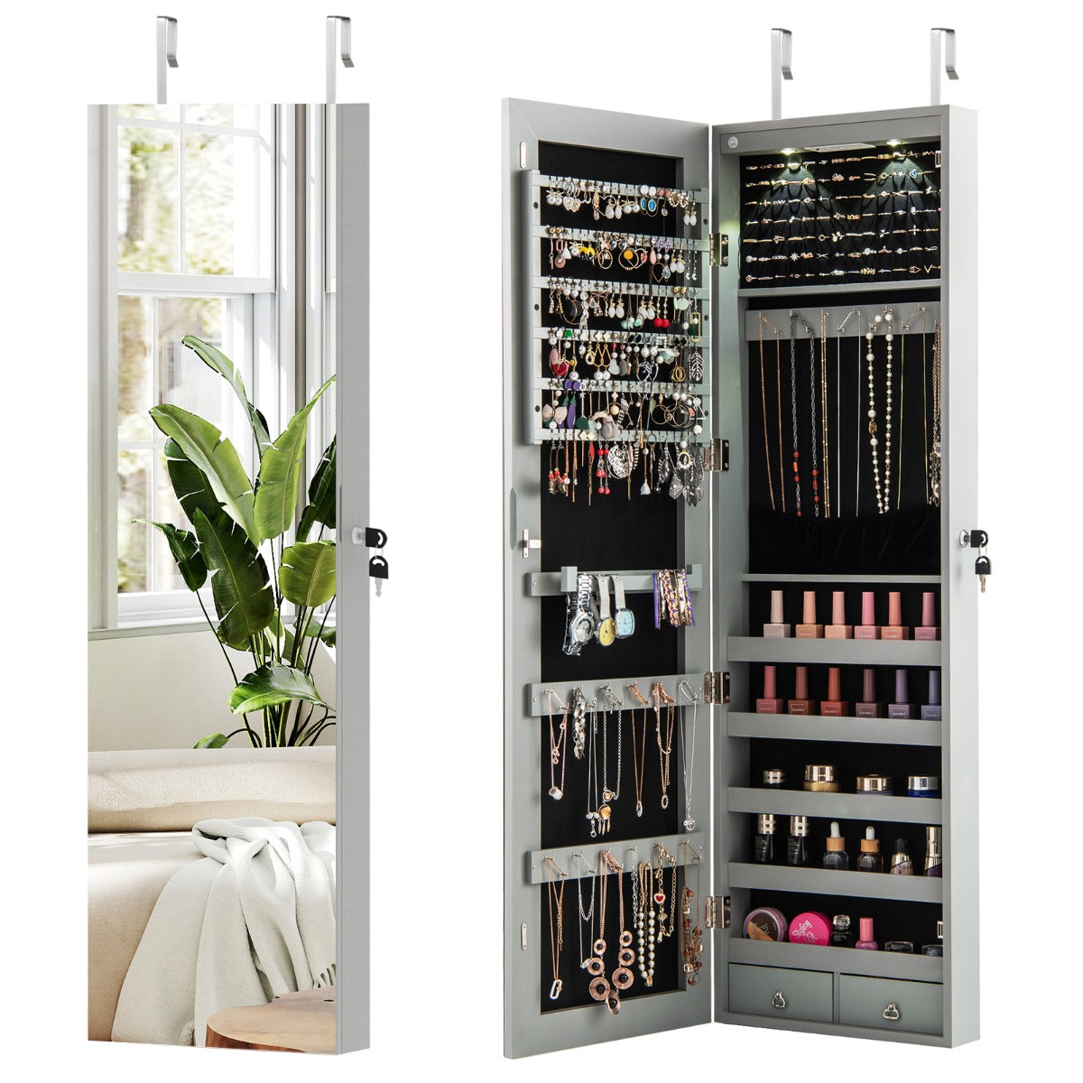 LIVSK Sieradenkast met LED-verlichting - Spiegelsysteem - Zwart fluweel - Eenvoudig te monteren - 120 x 35,5 x 10 cm - Grijs