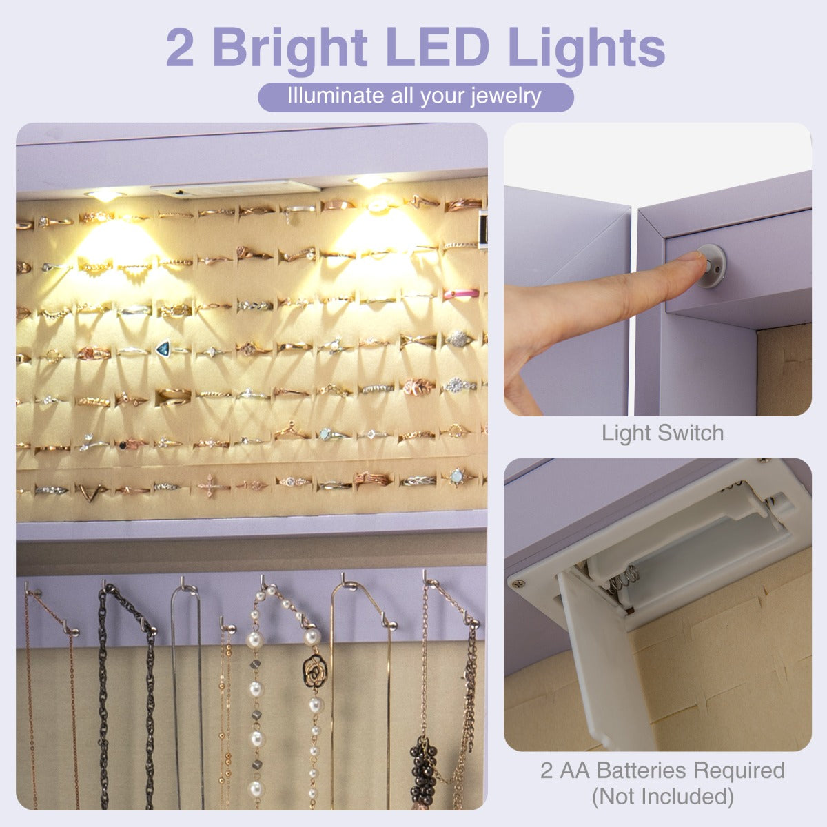 LIVSK Sieradenkast met Verlichting - Afsluitbare Spiegelkast - Zwart Fluweel - Optimale Opbergruimte - 120 x 35,5 x 10 cm - Paars