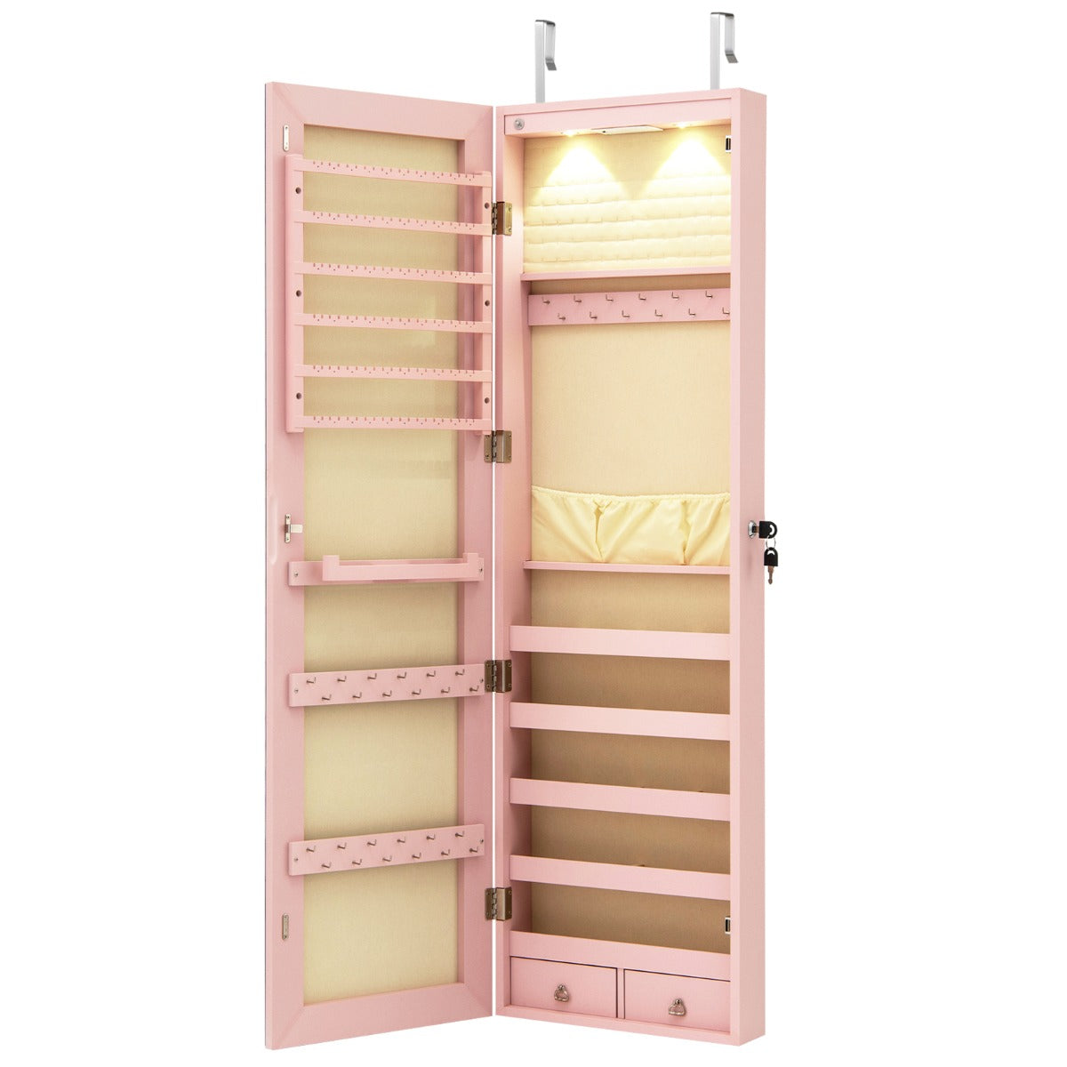 LIVSK Sieradenkast met Spiegel en LED Verlichting - Afsluitbaar - Zwart Fluweel - Inclusief Make-upbord - 120 x 35,5 x 10 cm -