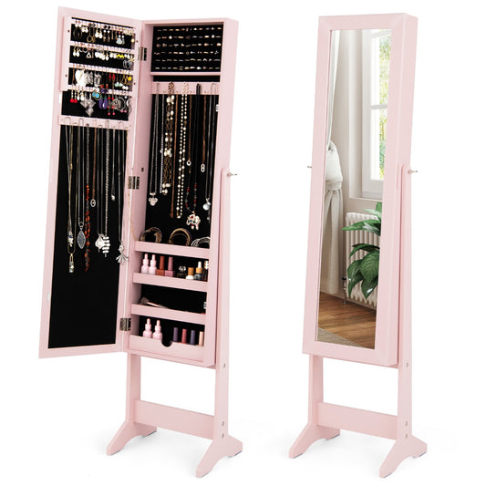 LIVSK Juwelenkast met Spiegel - 64 Oorbelgaten - 72 Ringgaten - 20 Kettinghaken - Duurzaam MDF - 35 x 30 x 144 cm - Zwart/Roze