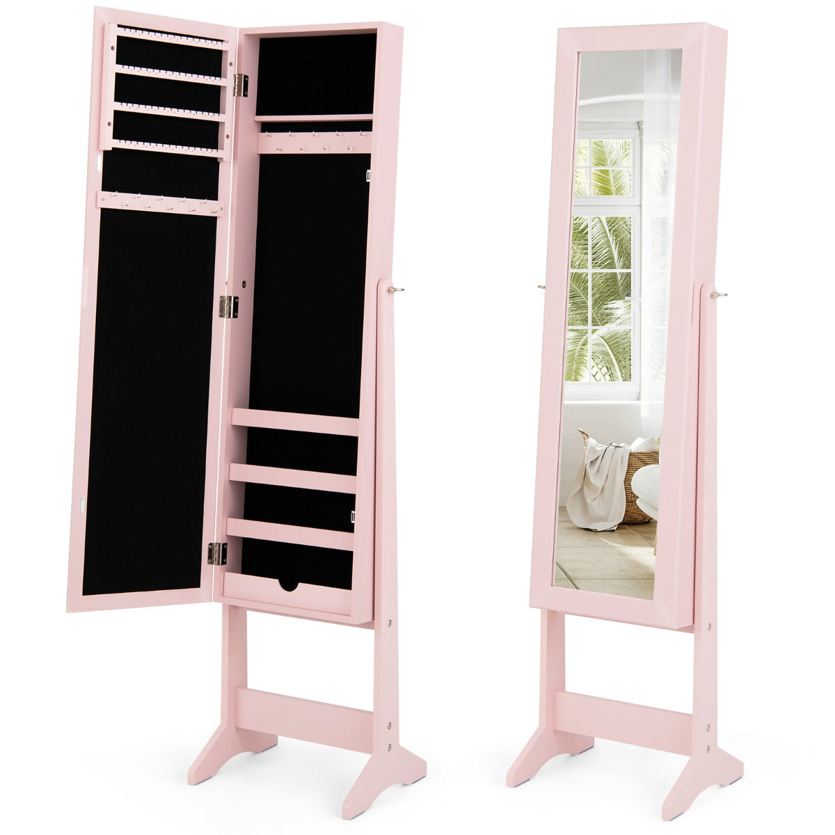 LIVSK Juwelenkast met Spiegel - 64 Oorbelgaten - 72 Ringgaten - 20 Kettinghaken - Duurzaam MDF - 35 x 30 x 144 cm - Zwart/Roze