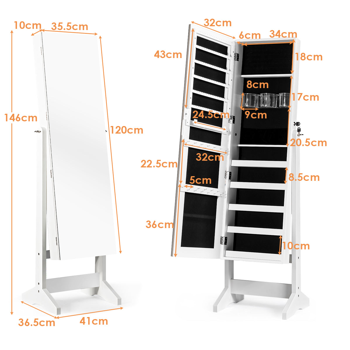 Livsk costway sieradenkast met spiegel over de volledige lengte 2 in 1 afsluitbare grote capaciteit sieraden organisator wit 2