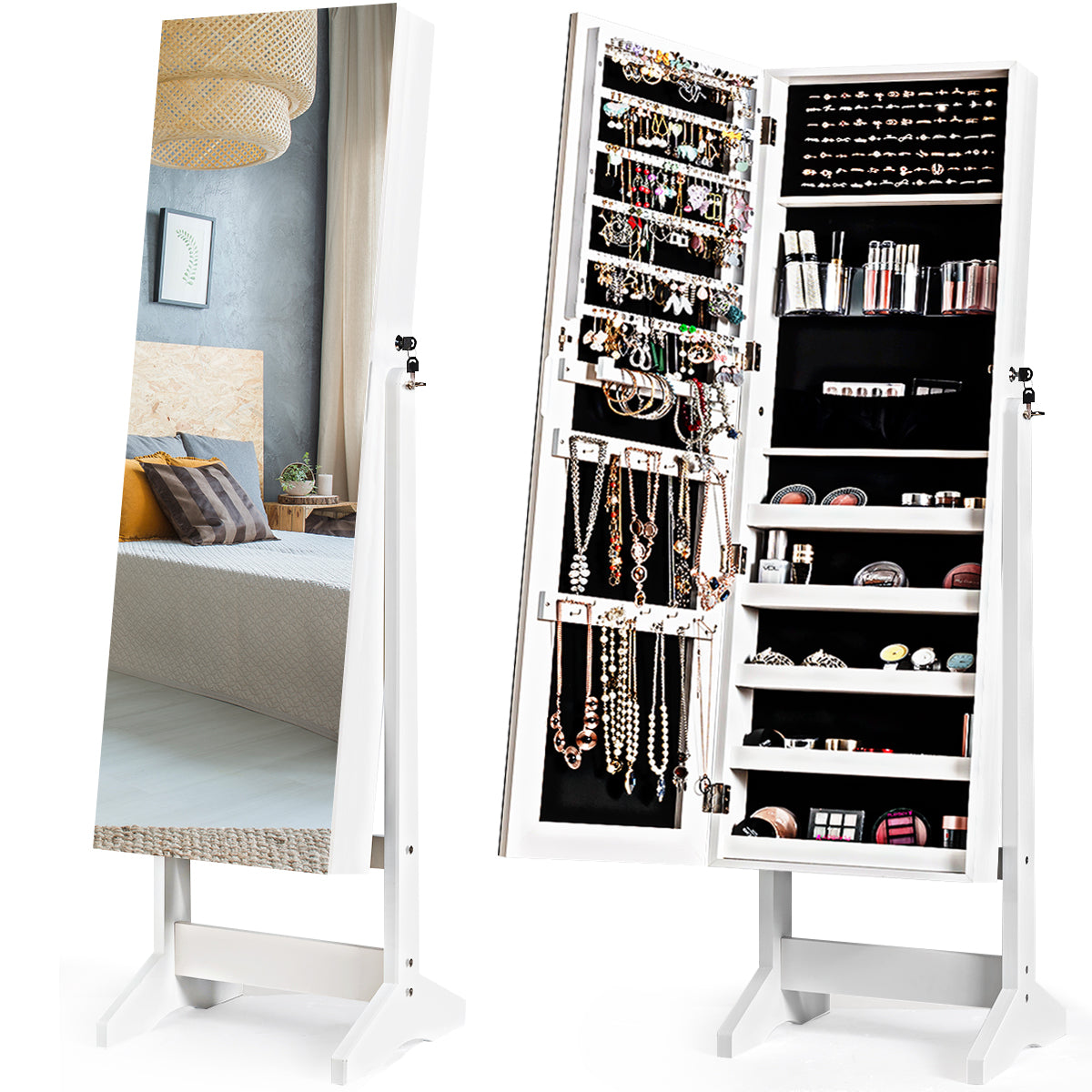 Livsk costway sieradenkast met spiegel over de volledige lengte 2 in 1 afsluitbare grote capaciteit sieraden organisator wit 3