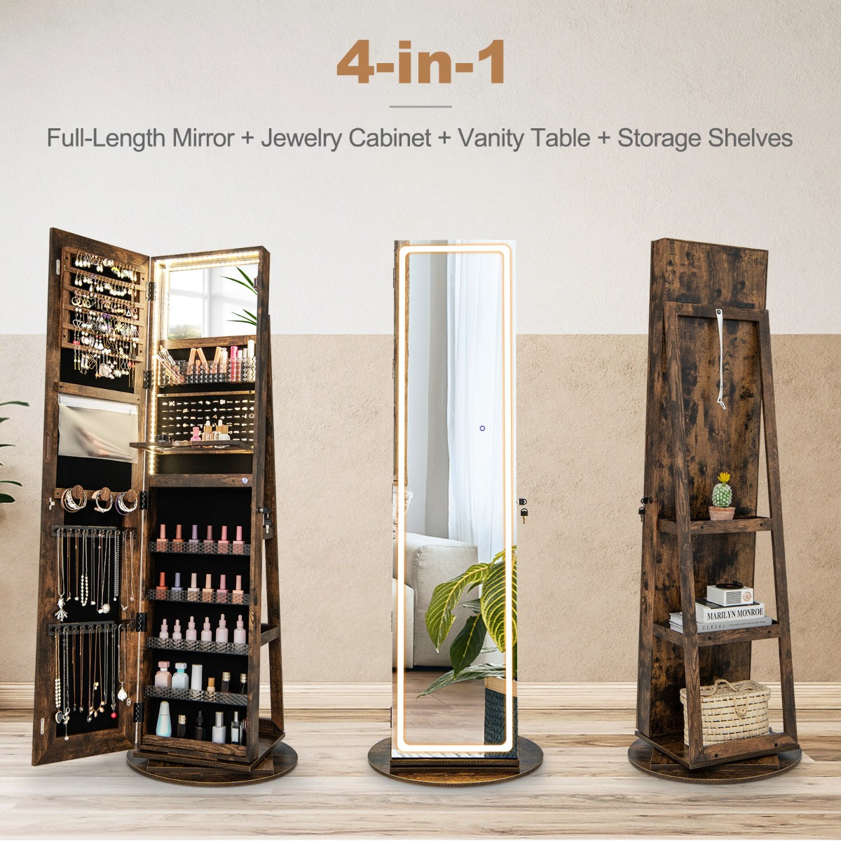 LIVSK Sieradenkast met Ledverlichting - 4-in-1 Design met Spiegel en Make-uptafel - Ruime Opbergruimte - Koffie