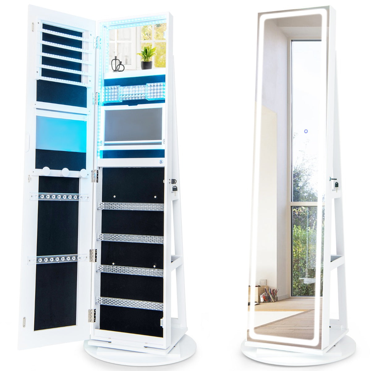 LIVSK Sieradenkast met Spiegel - 4-in-1 Design - Verstelbare Ledverlichting - Inklapbaar Make-uprek - 54,5 x 54,5 x 160 cm - Wit