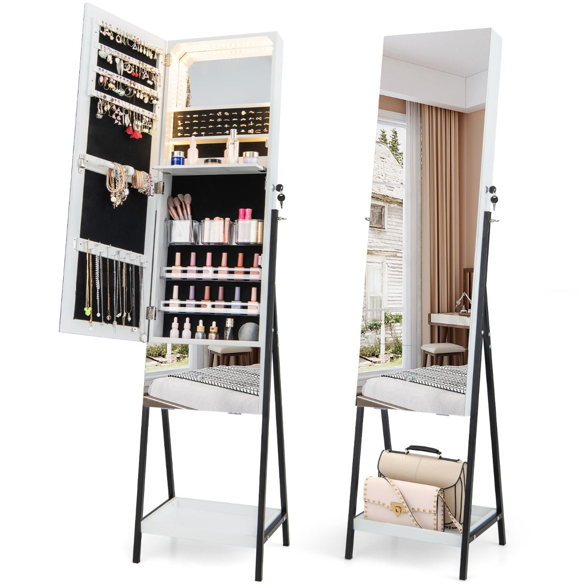 LIVSK Sieradenkast met Spiegel - Afsluitbaar met 3-kleurige Ledverlichting - Grote Capaciteit met Opbergvakken - 100 x 37 cm - Wit