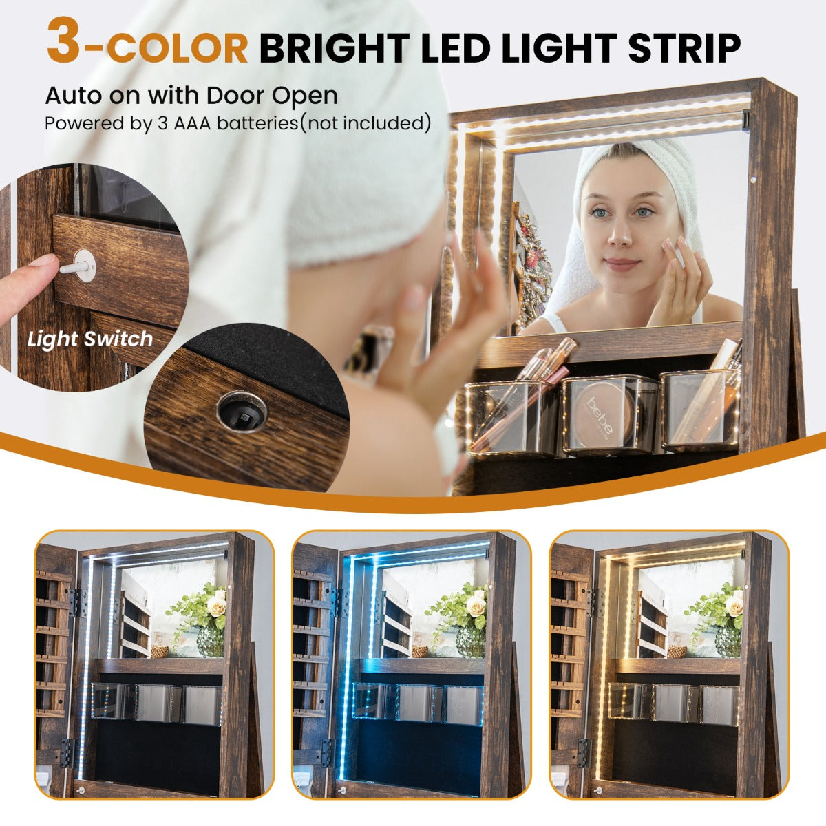 LIVSK Sieradenkast met Full-Body Spiegel - 360° Draaibaar - 120 Oorbelvakken - LED Verlichting - Vintage