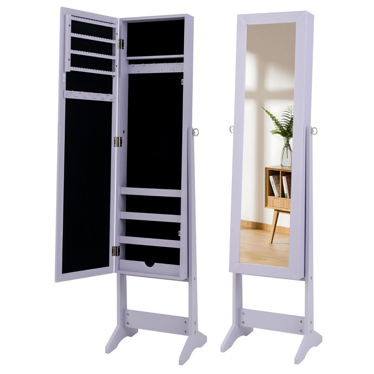 LIVSK Spiegel Sieradenkast - Veelzijdige Opbergruimte met 20 Haken en 64 Vakken - Verstelbare Spiegel - Elegant Design - Paars