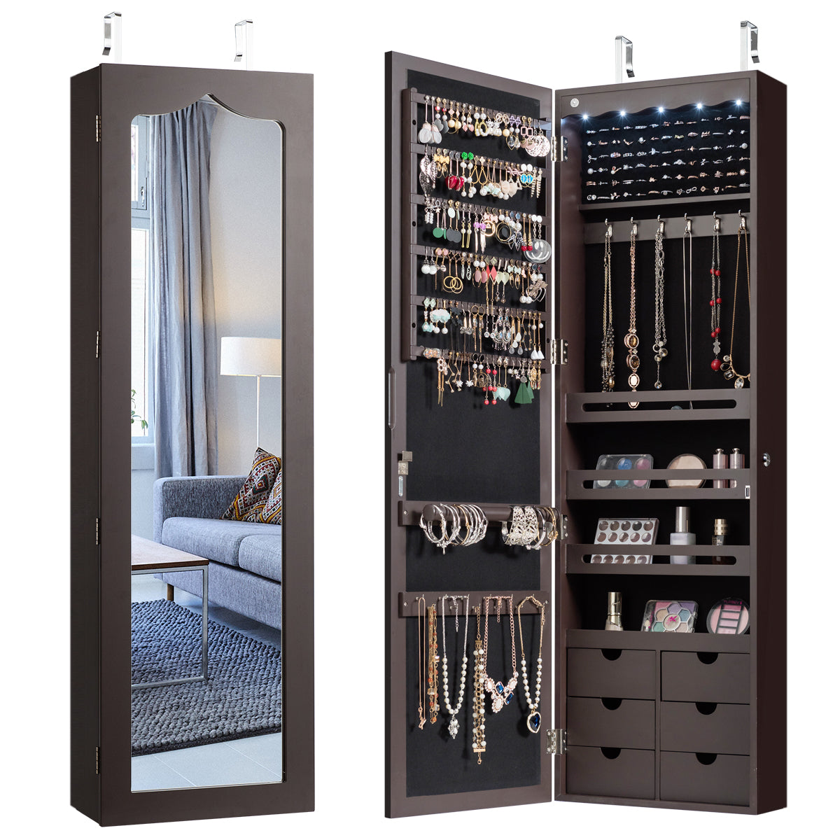 LIVSK Sieradenkast met Spiegel 36,5 x 11,5 x 120 cm - MDF - Ruime Opbergruimte - LED-verlichting - Hangend of Muurmontage - Bruin