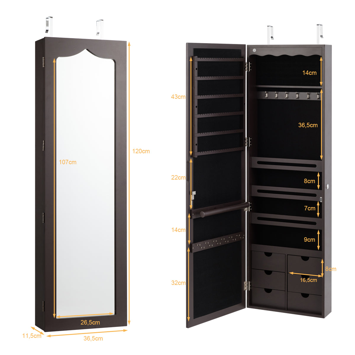 LIVSK Sieradenkast met Spiegel 36,5 x 11,5 x 120 cm - MDF - Ruime Opbergruimte - LED-verlichting - Hangend of Muurmontage - Bruin