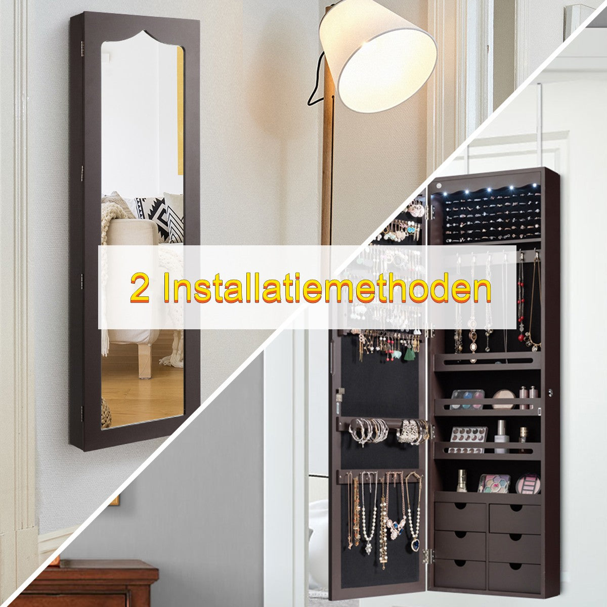 LIVSK Sieradenkast met Spiegel 36,5 x 11,5 x 120 cm - MDF - Ruime Opbergruimte - LED-verlichting - Hangend of Muurmontage - Bruin