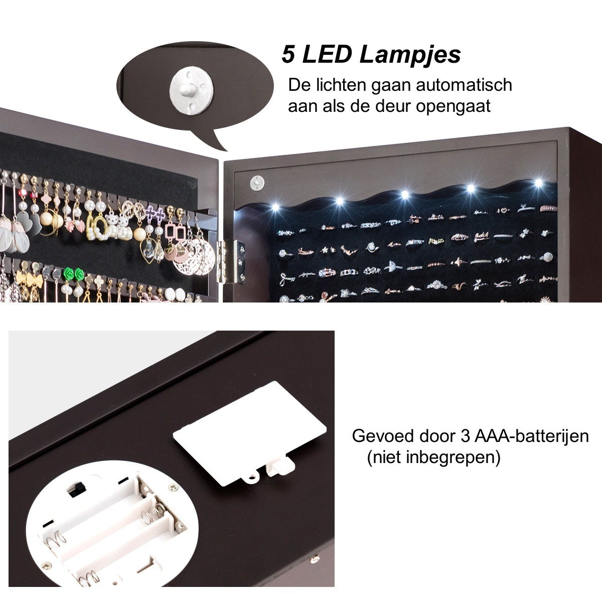 LIVSK Sieradenkast met Spiegel 36,5 x 11,5 x 120 cm - MDF - Ruime Opbergruimte - LED-verlichting - Hangend of Muurmontage - Bruin