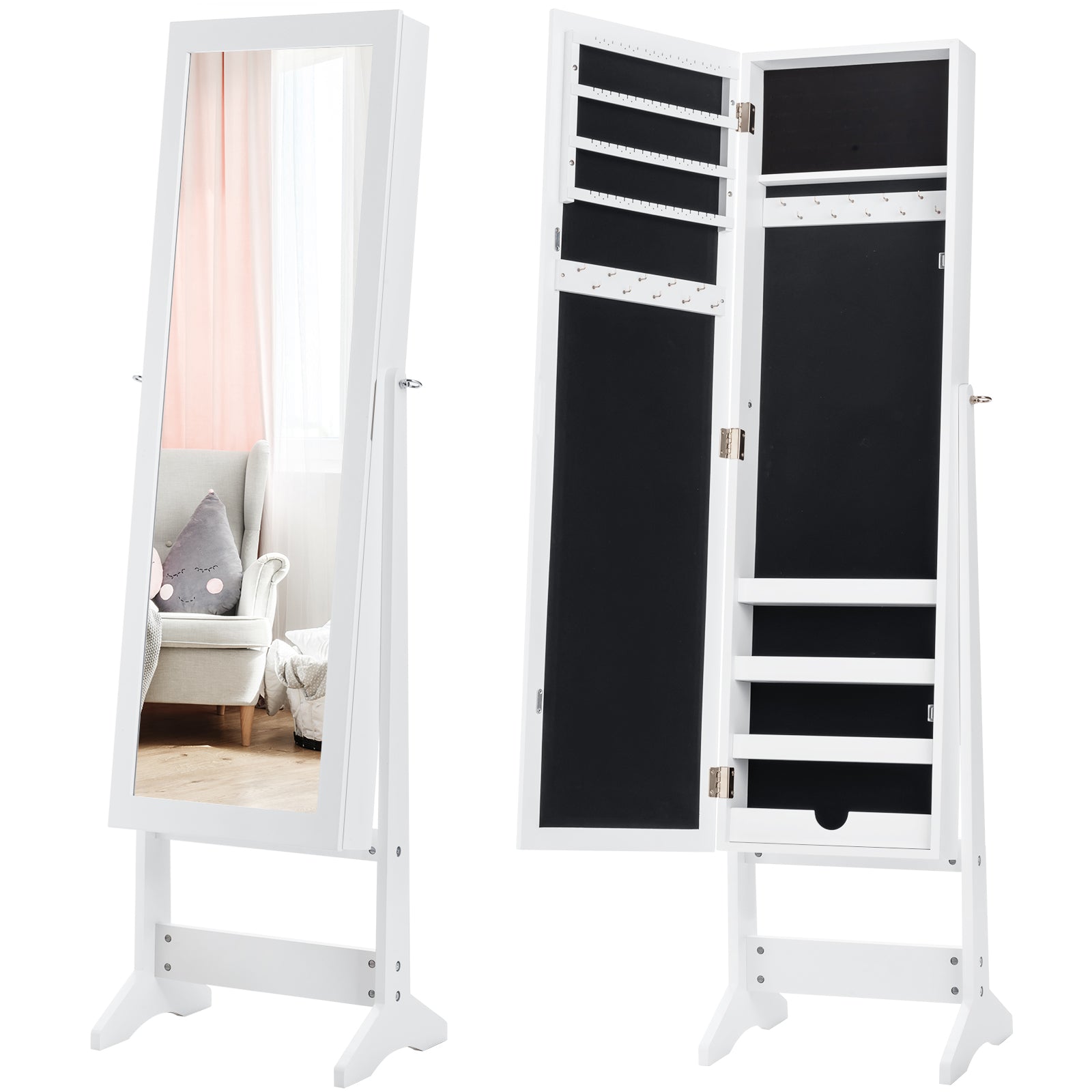 LIVSK 2-in-1 Sieradenkast met Kantelbare Spiegel - Veelzijdige Opbergruimte - Hoogwaardig MDF - 35 x 30 x 144 cm - Wit