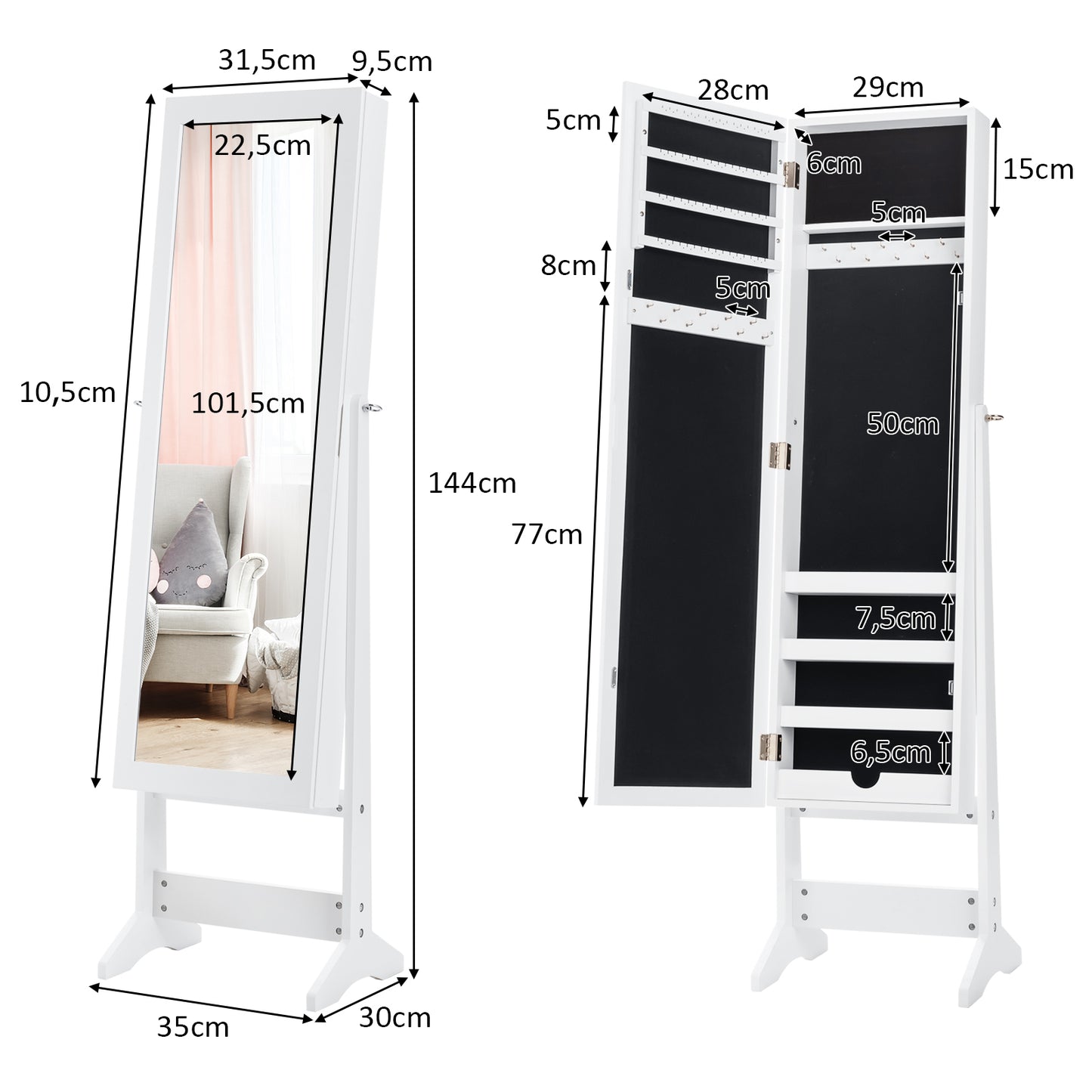 LIVSK 2-in-1 Sieradenkast met Kantelbare Spiegel - Veelzijdige Opbergruimte - Hoogwaardig MDF - 35 x 30 x 144 cm - Wit