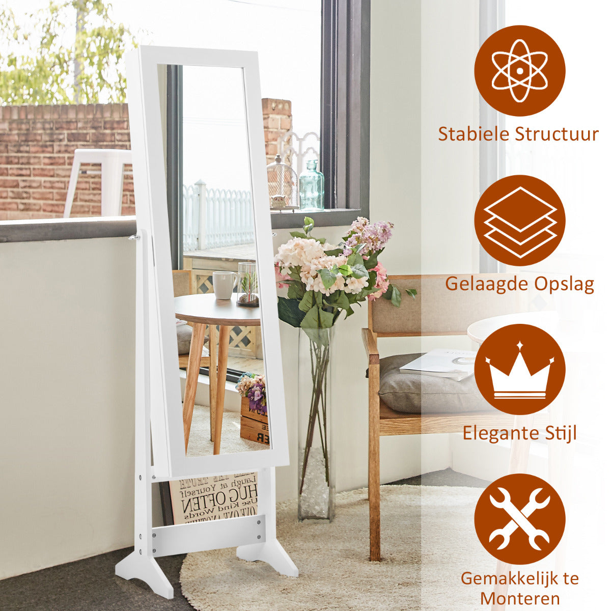 LIVSK 2-in-1 Sieradenkast met Kantelbare Spiegel - Veelzijdige Opbergruimte - Hoogwaardig MDF - 35 x 30 x 144 cm - Wit