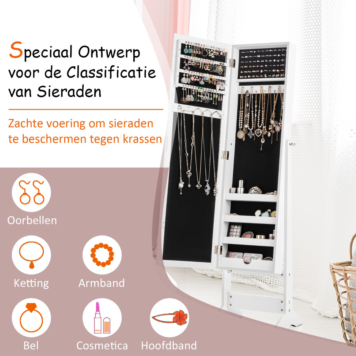 LIVSK 2-in-1 Sieradenkast met Kantelbare Spiegel - Veelzijdige Opbergruimte - Hoogwaardig MDF - 35 x 30 x 144 cm - Wit