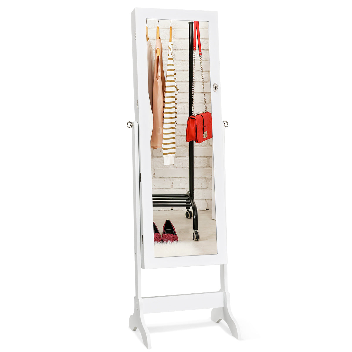 LIVSK Vrijstaande Afsluitbare Sieradenkast - Grote Opbergruimte met Spiegel - 38 Haken - 46 x 37 x 156 cm - Wit