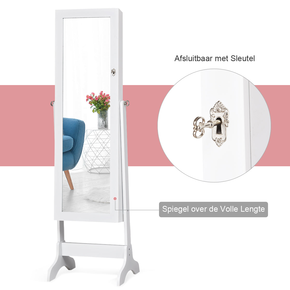 LIVSK Vrijstaande Afsluitbare Sieradenkast - Grote Opbergruimte met Spiegel - 38 Haken - 46 x 37 x 156 cm - Wit
