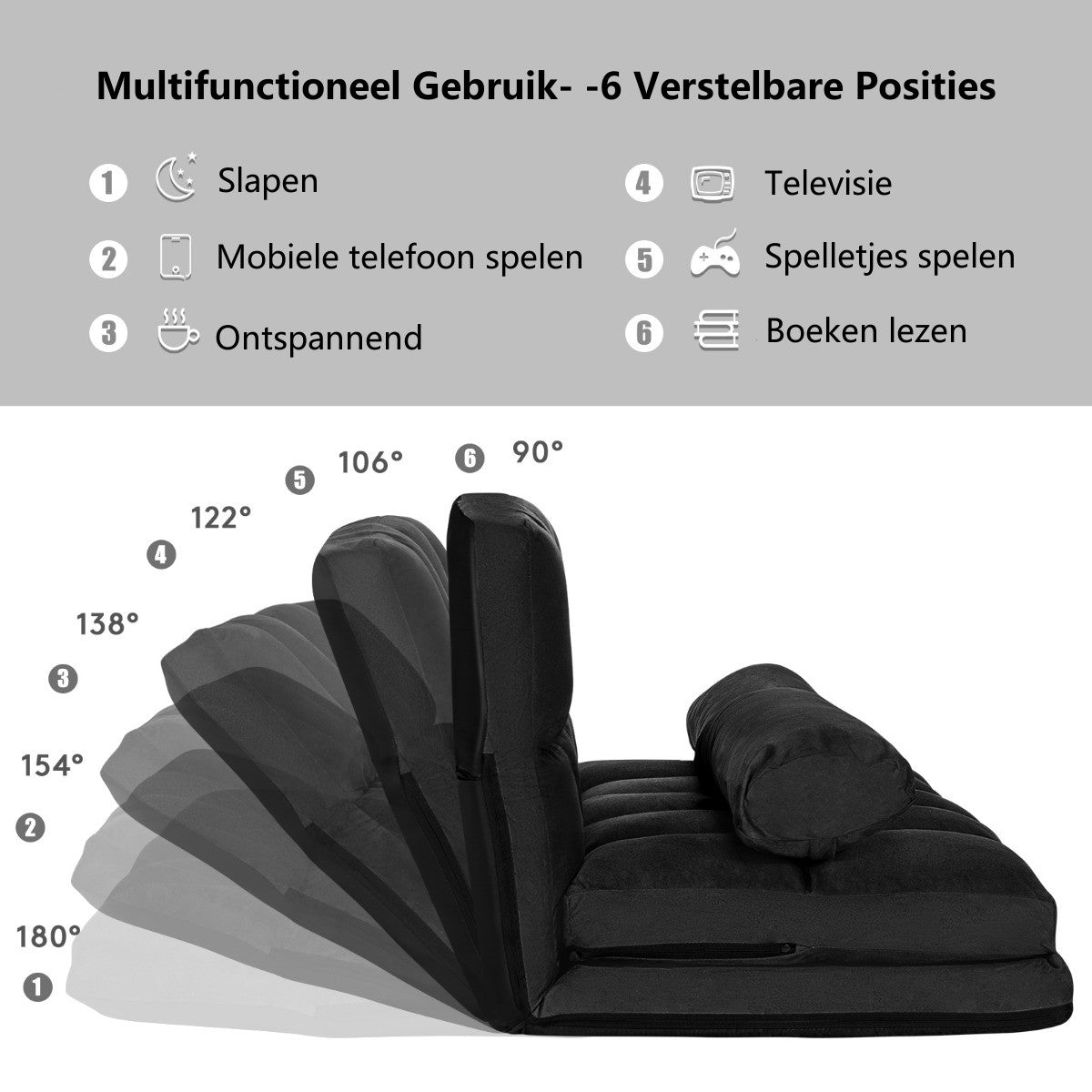 LIVSK Vloerbank met Kussens - 6 Verstelbare Posities - Opvouwbaar en Duurzaam - Max. 150 kg - Zwart