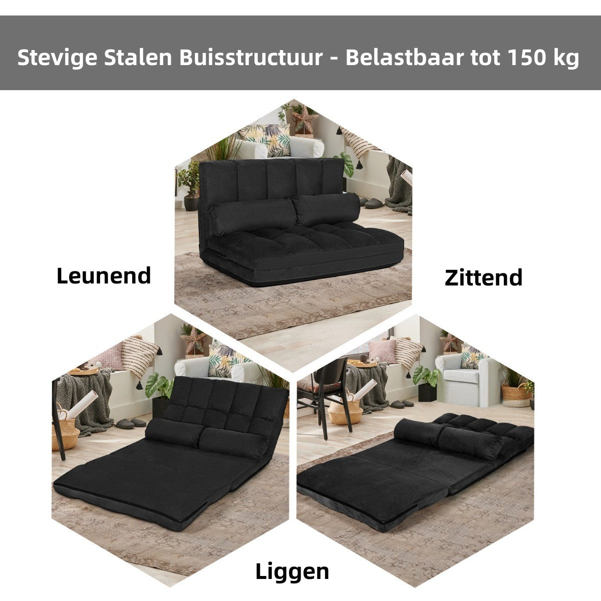 LIVSK Vloerbank met Kussens - 6 Verstelbare Posities - Opvouwbaar en Duurzaam - Max. 150 kg - Zwart