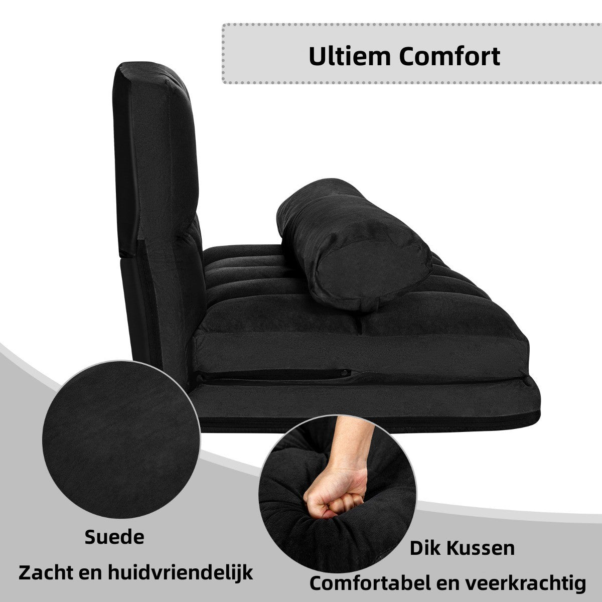 LIVSK Vloerbank met Kussens - 6 Verstelbare Posities - Opvouwbaar en Duurzaam - Max. 150 kg - Zwart