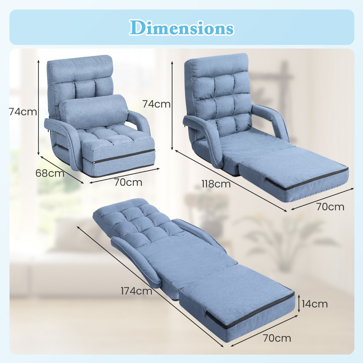 LIVSK Verstelbare Vouwbare Loungebank - 5 Rugleuninghoeken - Afneembare Hoes - Comfortabel met Kussen - Tot 150 kg - Blauw/Rood