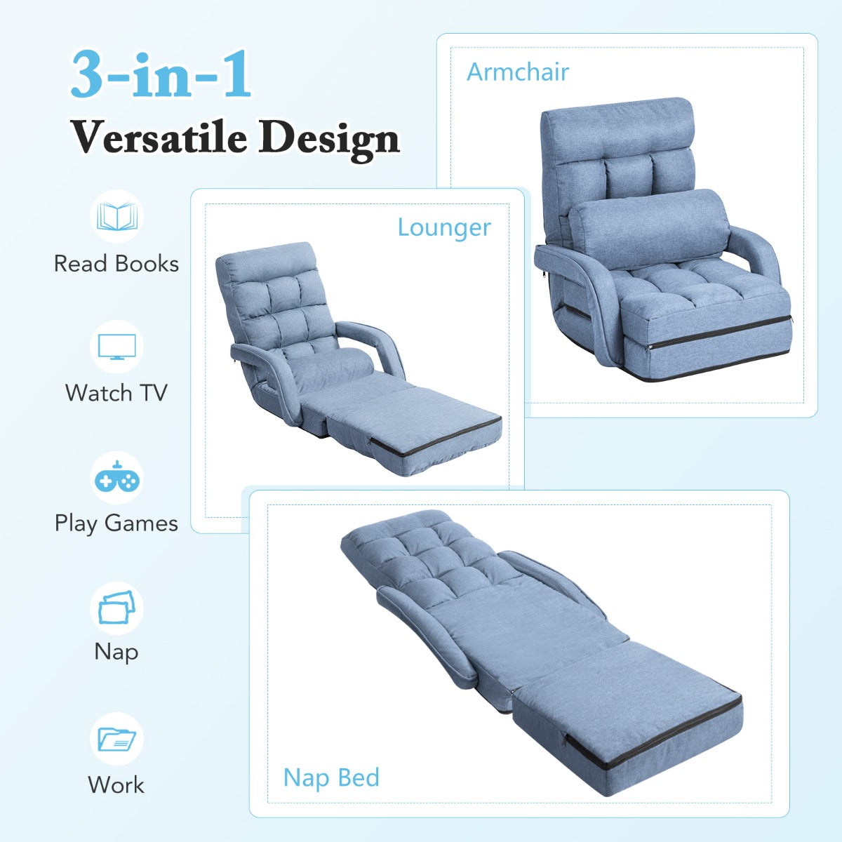 LIVSK Verstelbare Vouwbare Loungebank - 5 Rugleuninghoeken - Afneembare Hoes - Comfortabel met Kussen - Tot 150 kg - Blauw/Rood