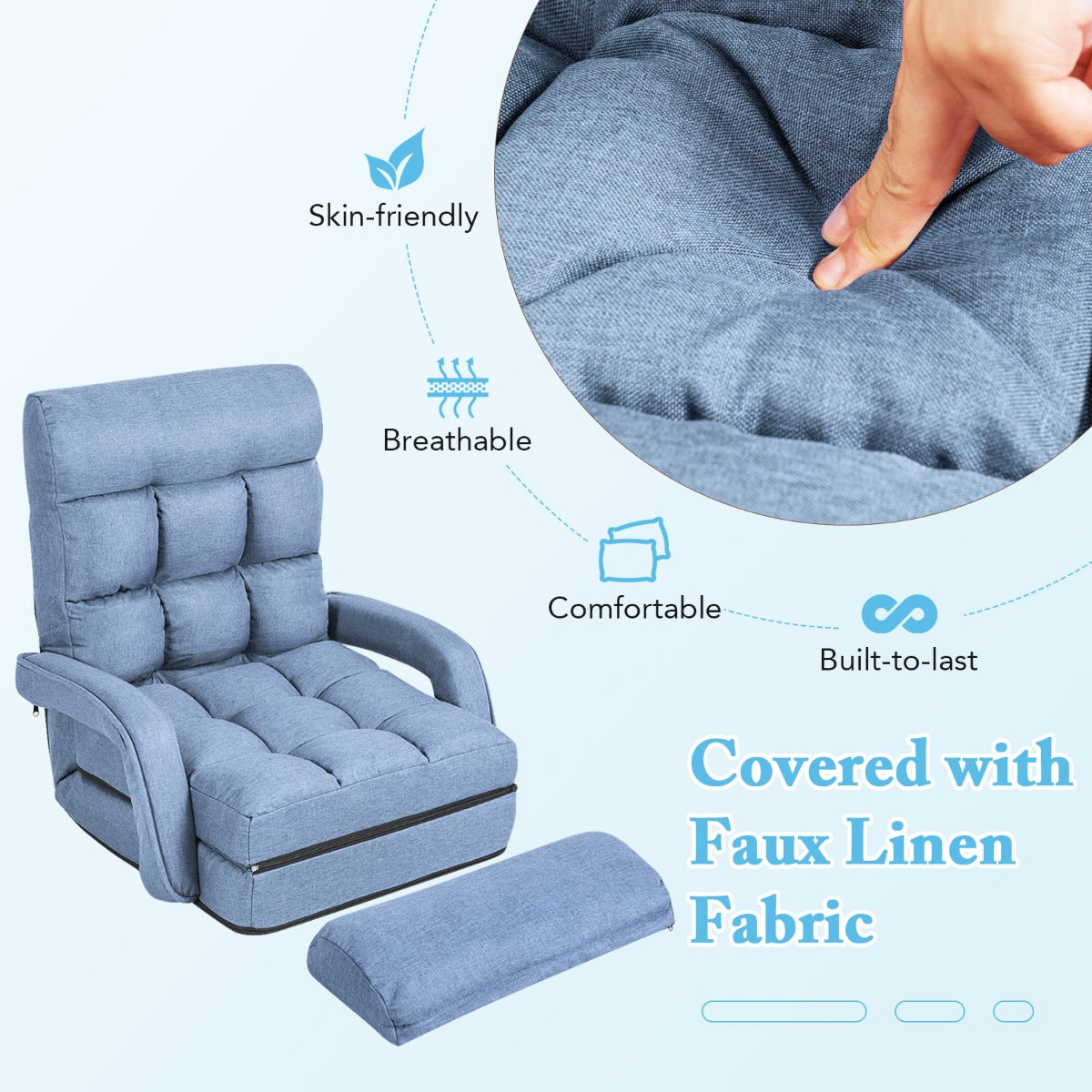 LIVSK Verstelbare Vouwbare Loungebank - 5 Rugleuninghoeken - Afneembare Hoes - Comfortabel met Kussen - Tot 150 kg - Blauw/Rood